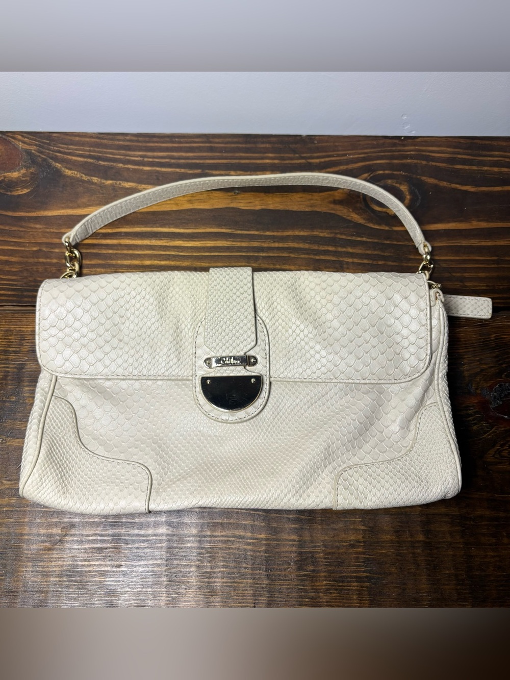 Cole Haan Ivory Snake Embossed Leather Shoulder Bag Y2K